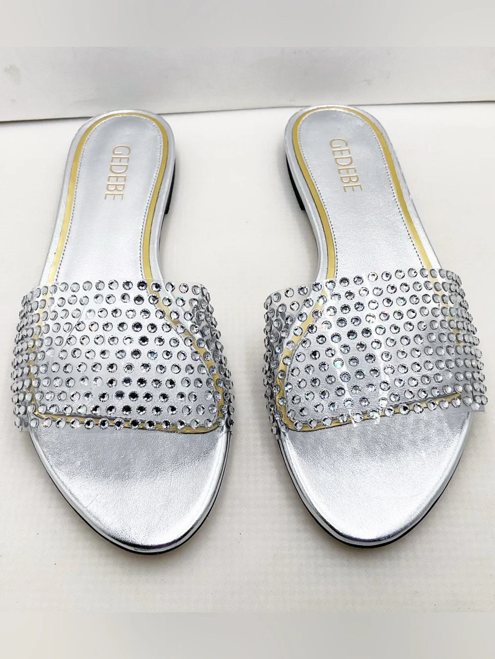 🆕{Gedebe} Metallic Leather Silver Crystal  Embellished Slides Sandals